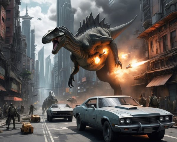 Dinosaur Destruction in a Dystopian Cityscape