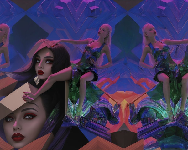 Complex Digital Art with Female Figures and Geometry