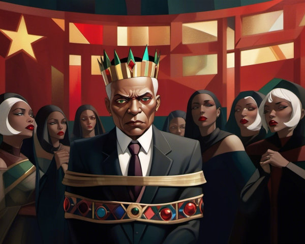 Regal Man Surrounded by Mysterious Women in Dark Robes