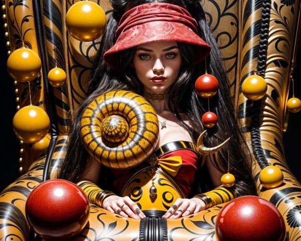 Confident figure in vibrant chair with whimsical orbs