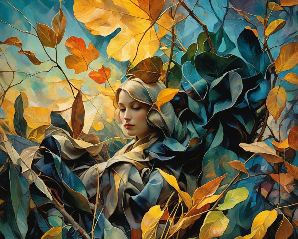 Serene Woman Surrounded by Vibrant Autumn Foliage