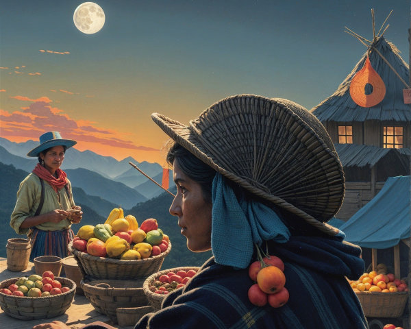 Mountain Market with Fruits and Moonlit Landscape