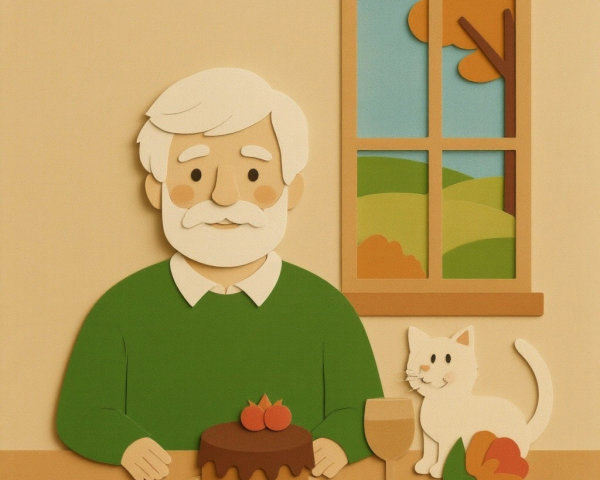 Elderly man enjoys chocolate cake with a cat nearby
