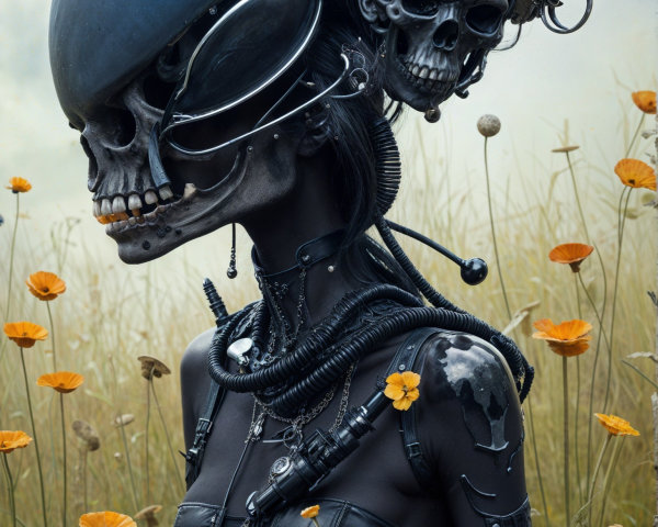 Surreal Cybernetic Figure in Yellow Flower Field