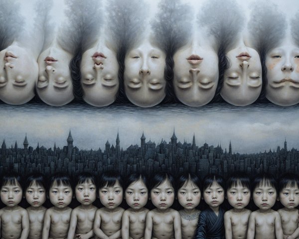 Surreal Artwork of Ghostly Faces and Children in City