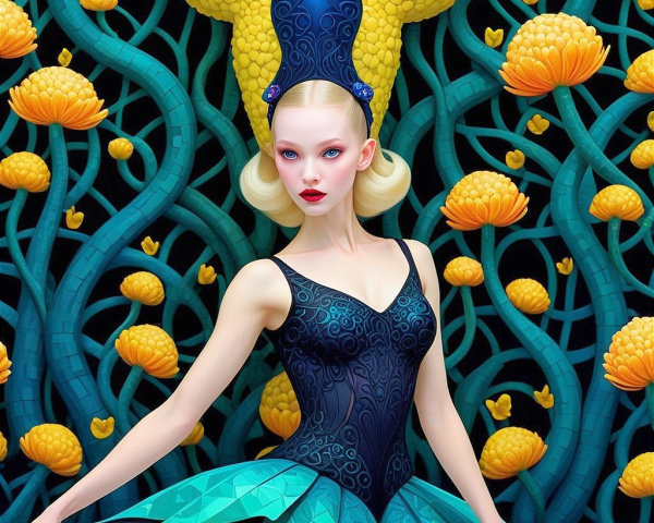 Vibrant Figure in Teal Dress with Dramatic Headpiece