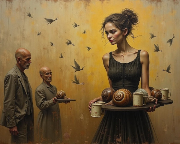 Surreal Scene with Woman, Snails, and Observers