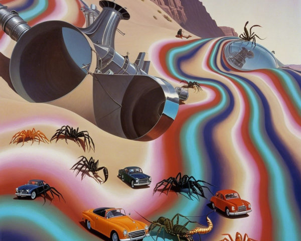 Surreal Landscape with Jet Engines and Vintage Cars