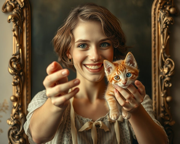 Young woman with orange tabby kitten in gold frame