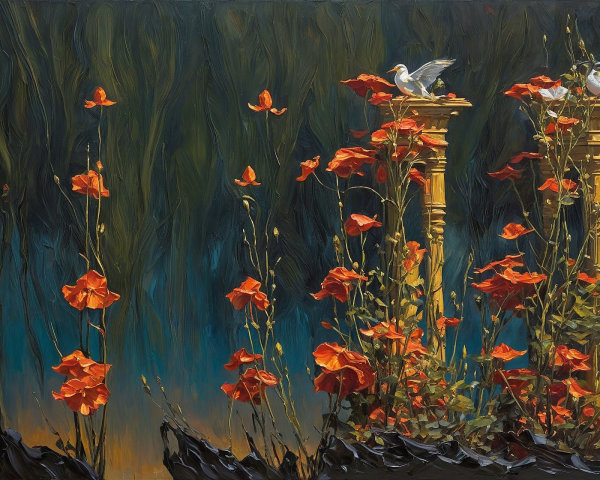 Vibrant Landscape with Red Poppies and Birds