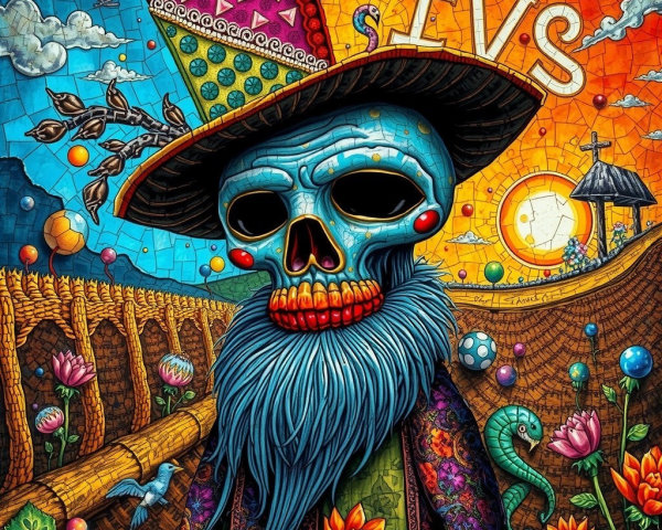 Colorful Skull with Sombrero in Surreal Landscape