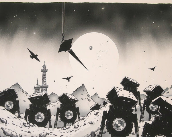 Monochromatic Landscape with Robots and Celestial Body