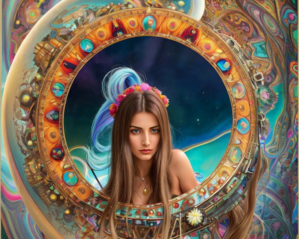 Mystical Scene with Woman and Ornate Cosmic Frame