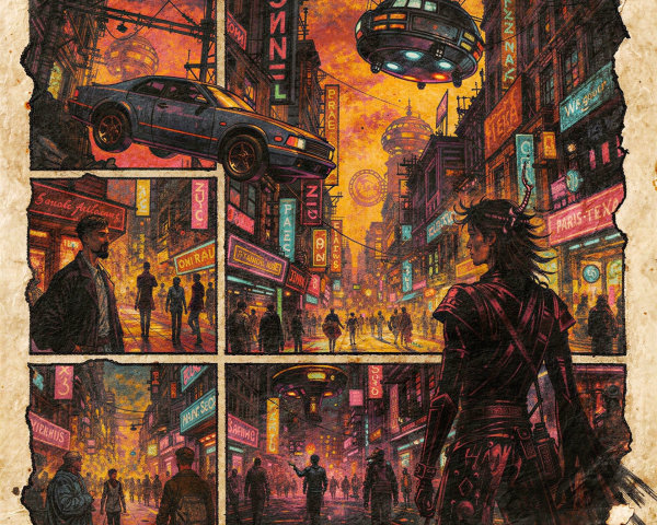 Cyberpunk Comic Page with Distressed Texture and Neon City