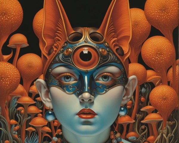 Surreal Portrait of Figure with Cat Ears and Mask