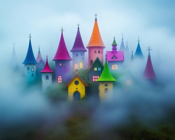 Whimsical Village with Colorful Houses in Fog