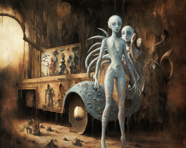 Pale Humanoid Figures in Eerie Fantastical Landscape