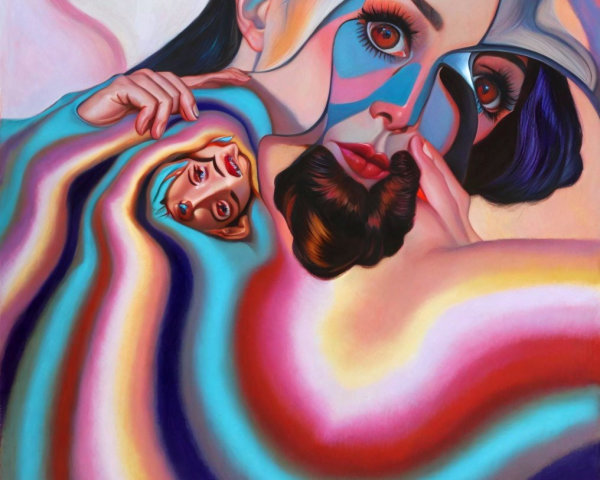 Surreal Face Composition with Vibrant Colors and Shapes