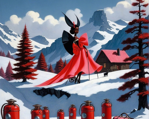 Elegant Figure in Pink Gown in Snowy Landscape