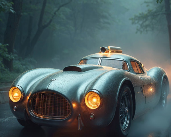 Vintage Sports Car in Foggy Forest with Headlights