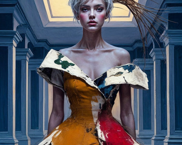 Avant-Garde Dress and Majestic Bird in Grand Space