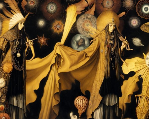 Ethereal Figures in Elaborate Costumes Against Cosmic Backdrop
