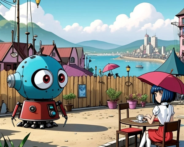 Quirky Blue Robot and Girl in Seaside Town Scene