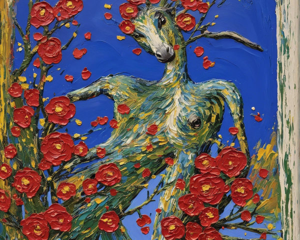 Humanoid Figure Merging with Red Flowers and Blue Background