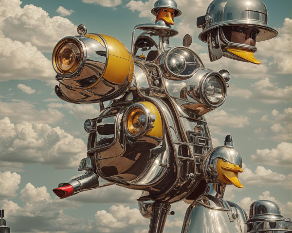 Whimsical motorcycle sculpture with chrome and ducks