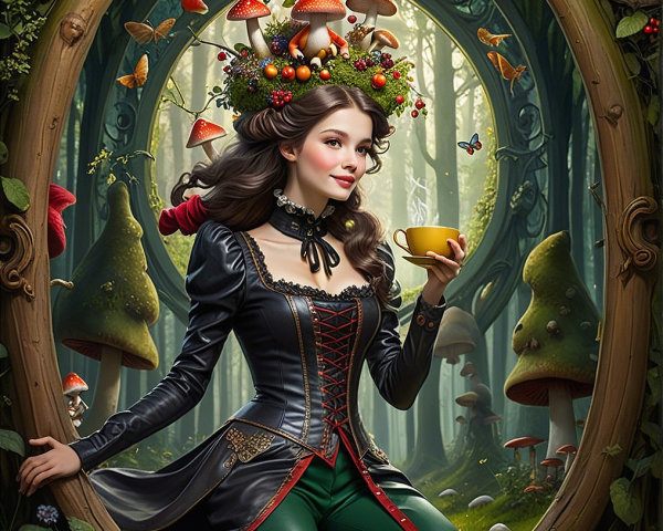 Young woman in magical forest with mushrooms and butterflies