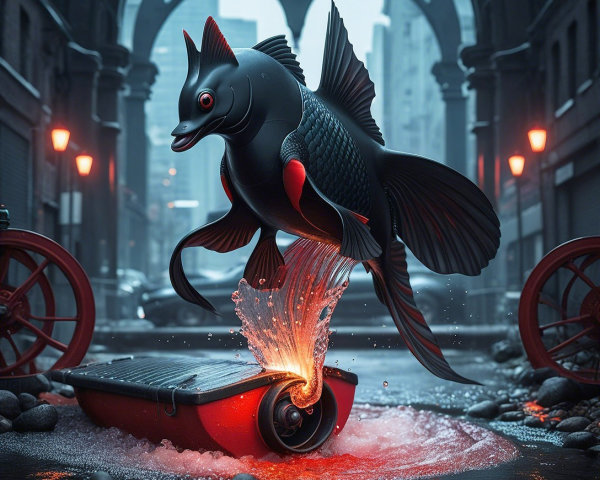 Surreal Scene of Black Fish in Molten-Red Fountain