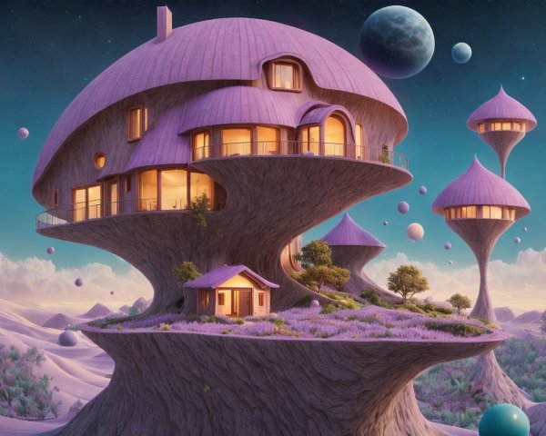 Futuristic House on Organic Mushroom Base with Floating Hills