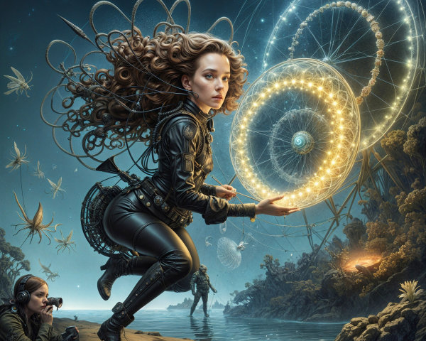 Surreal Landscape with a Woman and Glowing Orbs