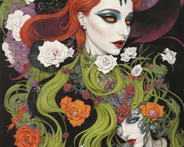 Ethereal Women Entwined with Vibrant Flora Artwork