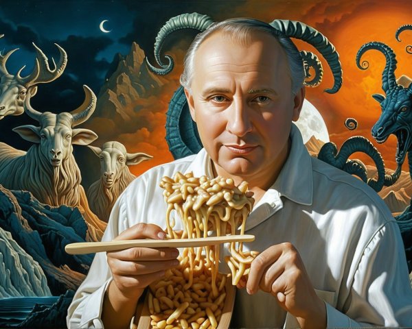 Man with Pasta Bowl in Surreal Mountain Scene