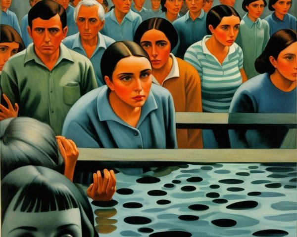 Crowd of Stern Individuals Near Reflective Water