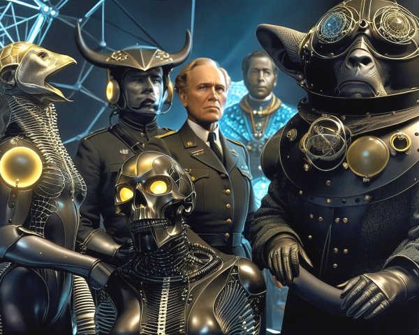 Futuristic Scene with Humanoid Robots and Military Figure