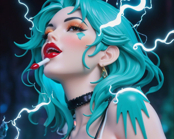 Dynamic figure with turquoise hair and edgy makeup