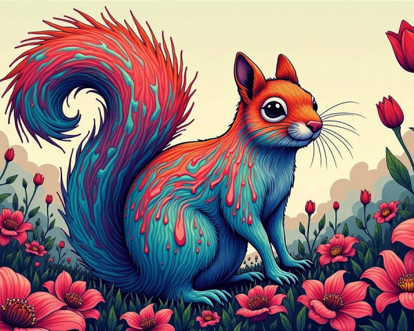 Stylized Squirrel in Colorful Floral Garden Scene