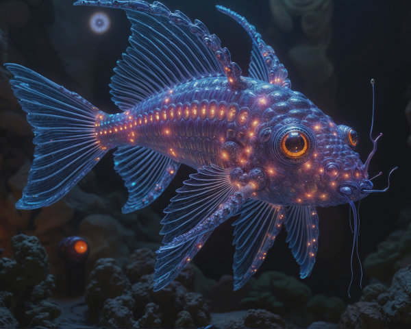 Translucent Bioluminescent Fish in Underwater Scene
