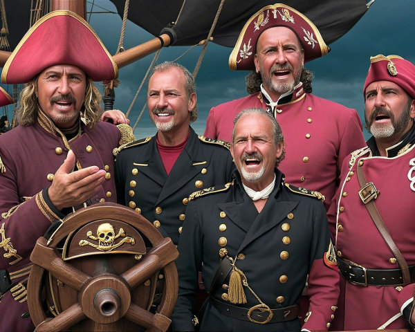 Flamboyant Pirate Costume Group on Ship with Wheel