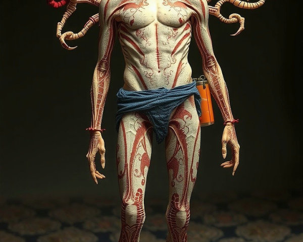 Surreal figure with skeletal head and tentacle appendages