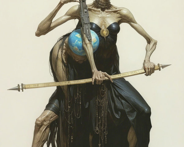 Surreal Figure with Elongated Limbs and Dark Symbolism