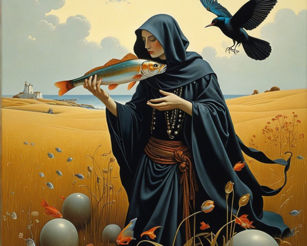 Mystical Figure with Fish in Enchanted Landscape