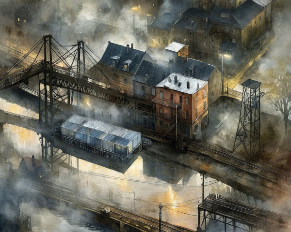 Misty Urban Landscape with Bridges and Waterways