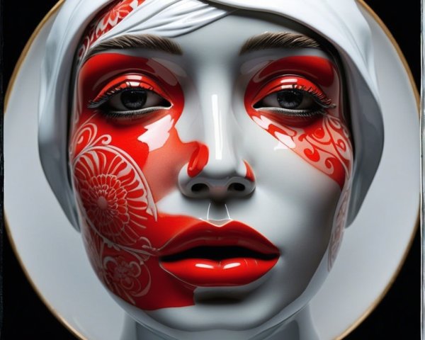 Mannequin Head with Red Patterns and White Headscarf
