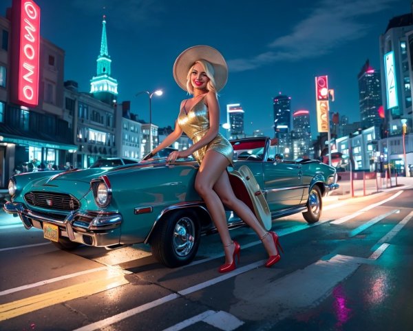 Glamorous Woman in Gold Dress by Vintage Convertible