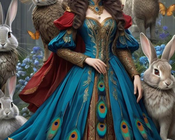 Regal figure in teal gown in enchanted garden