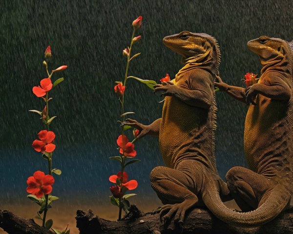 Lizards on Log Surrounded by Red Flowers in Rain