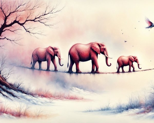 Three Elephants on a Bridge in a Pastel Sky Scene
